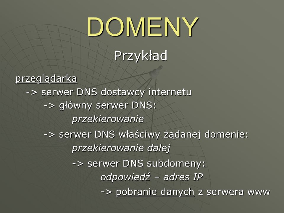 DOMENY Przykład przeglądarka -> serwer DNS dostawcy internetu