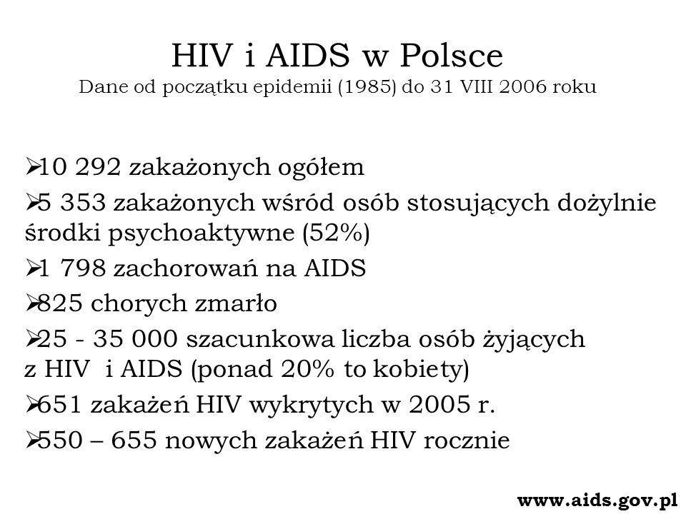HIV i AIDS w Polsce Dane od początku epidemii (1985) do 31 VIII 2006 roku