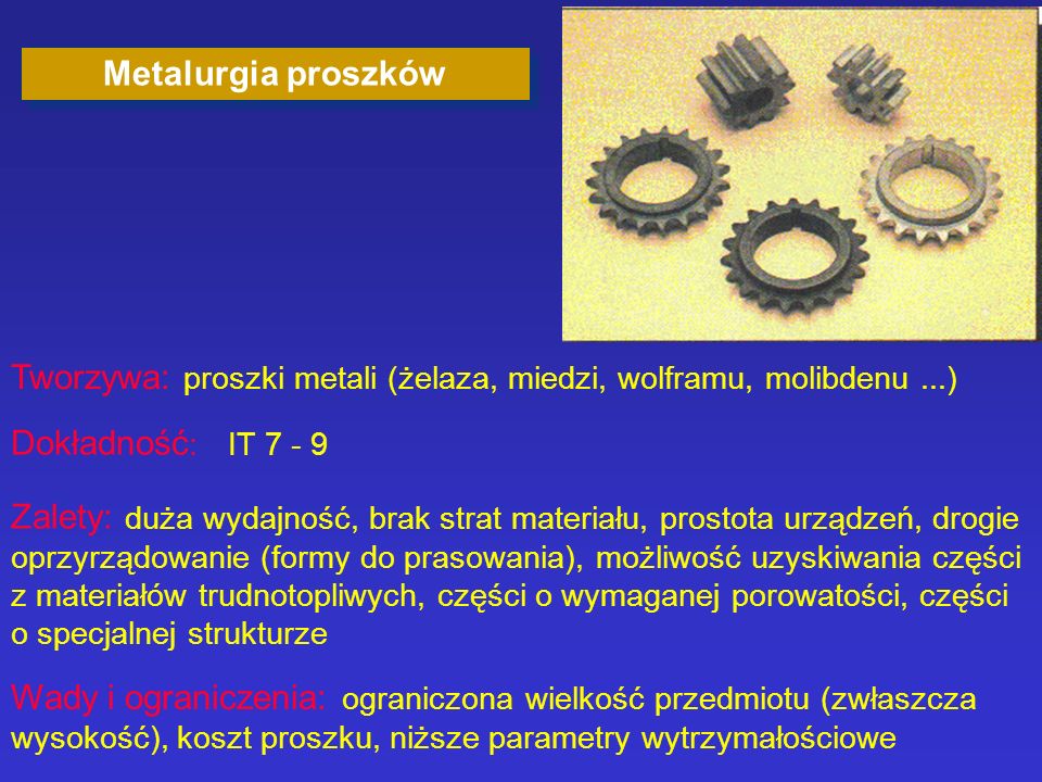 Metalurgia proszków Tworzywa: proszki metali (żelaza, miedzi, wolframu, molibdenu ...) Dokładność: IT