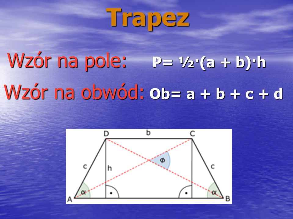 Trapez Wzór na pole: P= ½·(a + b)·h Wzór na obwód: Ob= a + b + c + d