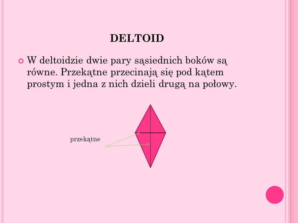 deltoid W deltoidzie dwie pary sąsiednich boków są równe. Przekątne przecinają się pod kątem prostym i jedna z nich dzieli drugą na połowy.