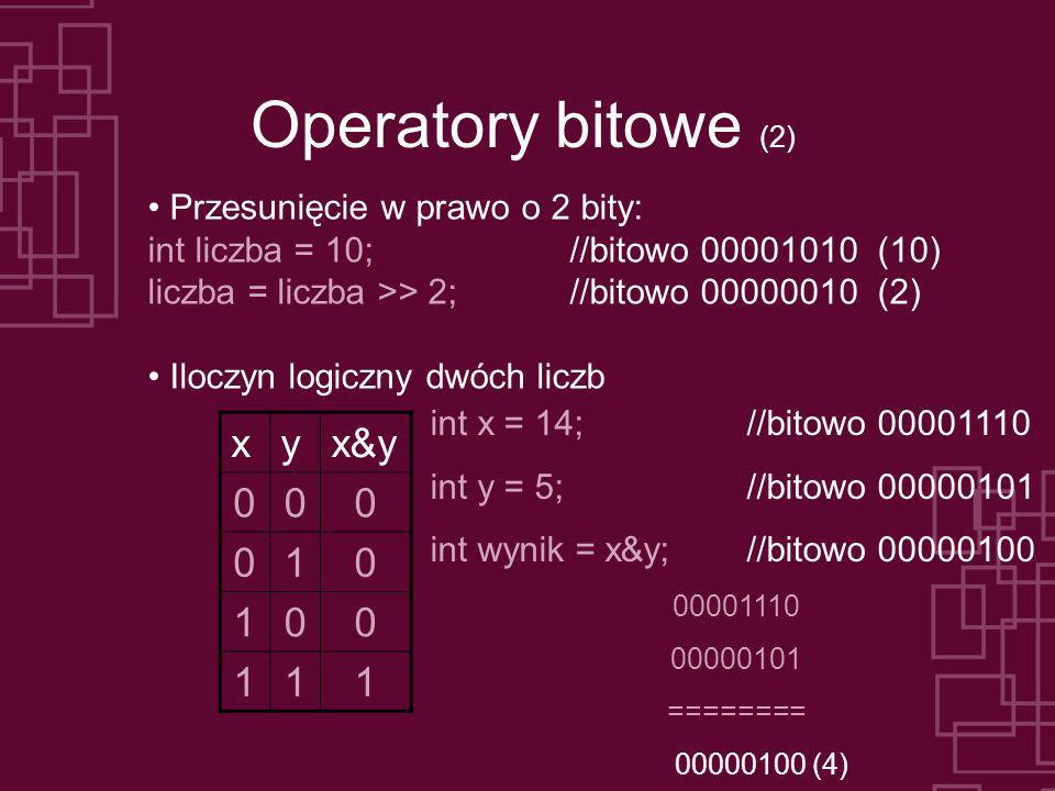 Operatory bitowe (2) x y x&y 1 Przesunięcie w prawo o 2 bity: