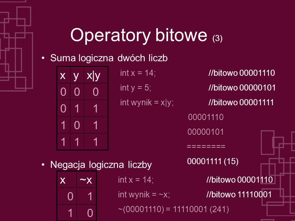 Operatory bitowe (3) x y x|y 1 x ~x 1 Suma logiczna dwóch liczb