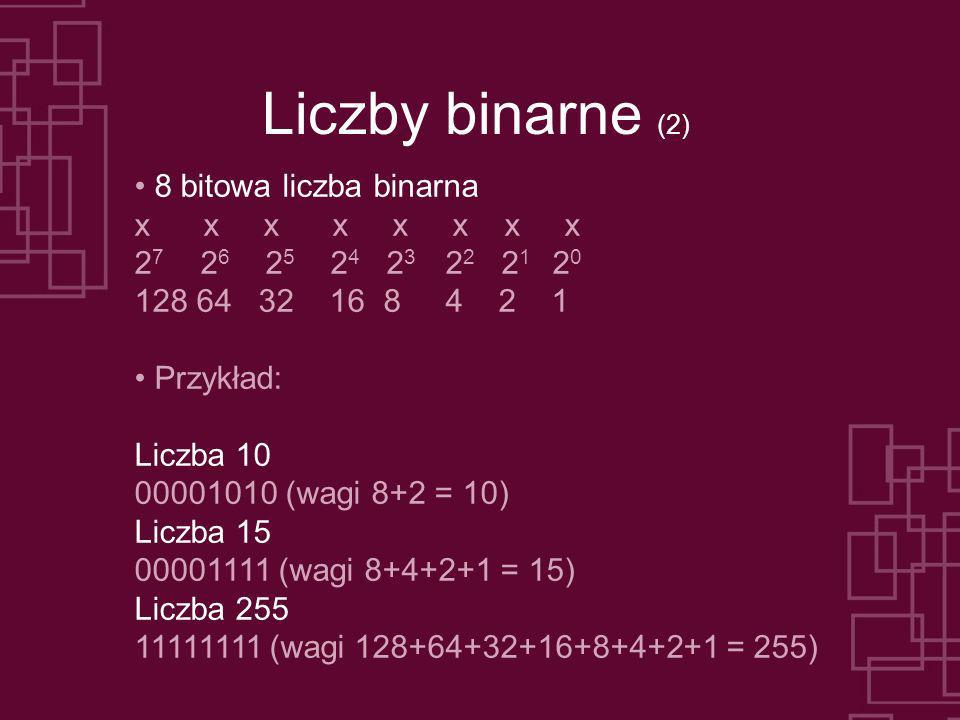 Liczby binarne (2) 8 bitowa liczba binarna x x x x x x x x