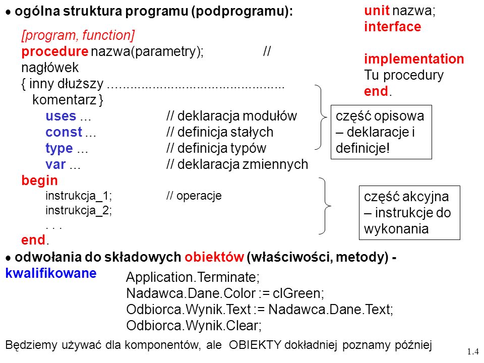 ogólna struktura programu (podprogramu): unit nazwa; interface