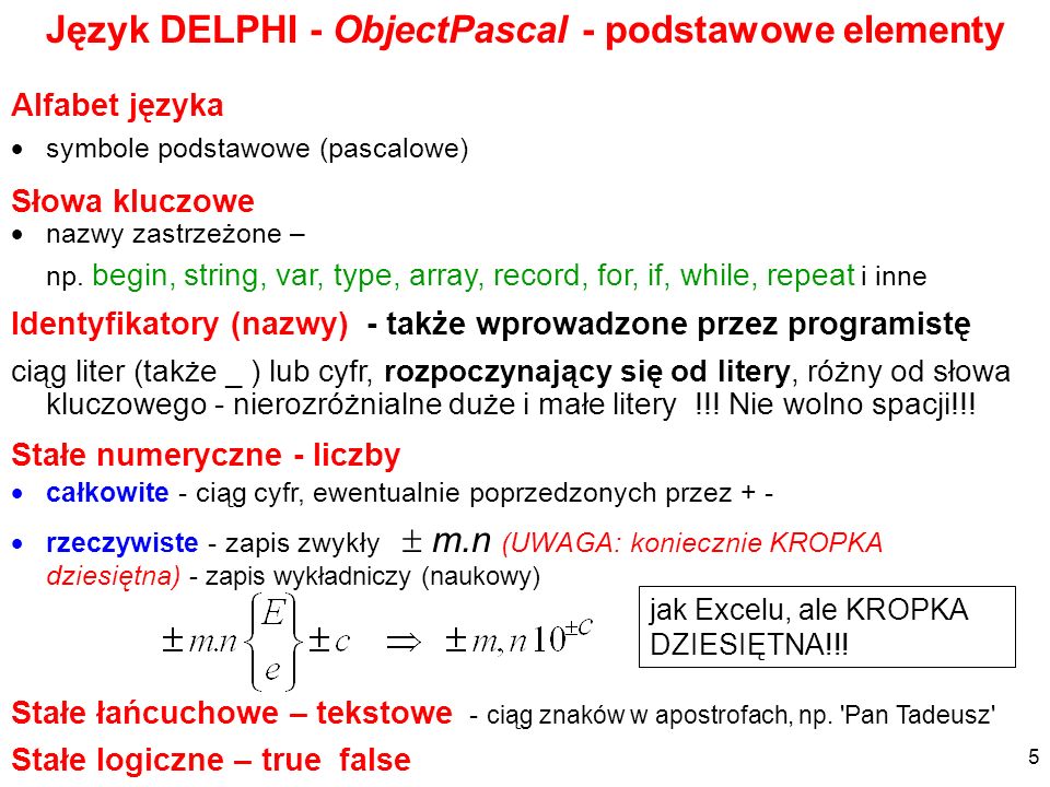 Język DELPHI - ObjectPascal - podstawowe elementy