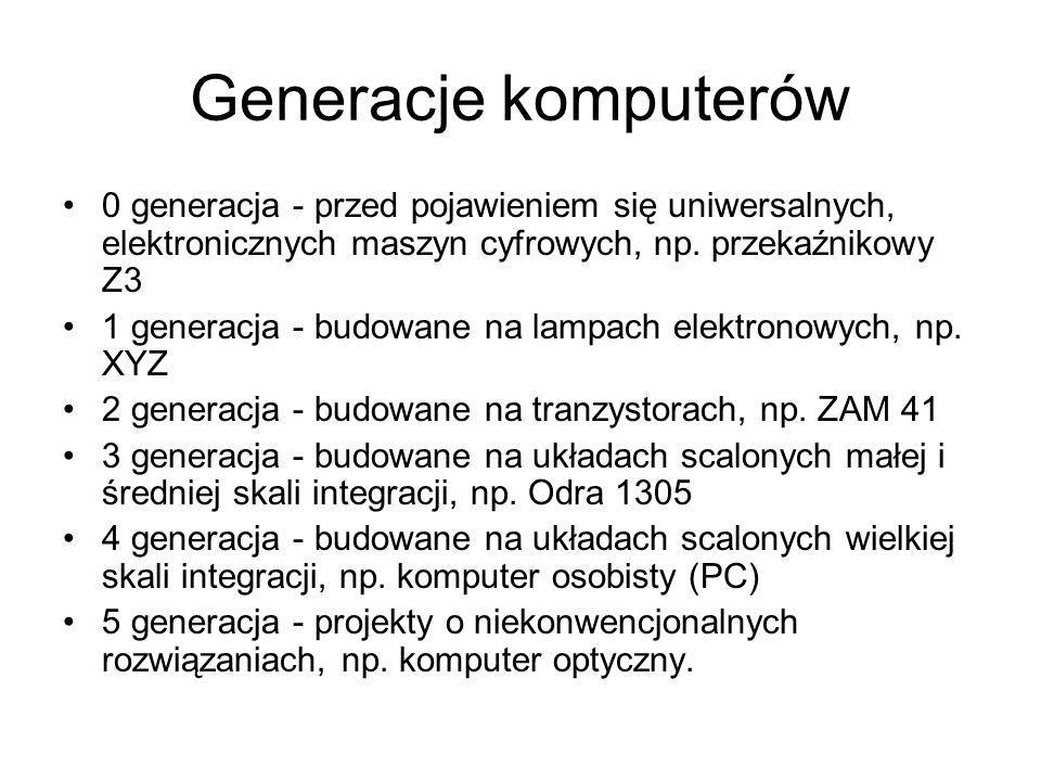 Generacje komputerów 0 generacja - przed pojawieniem się uniwersalnych, elektronicznych maszyn cyfrowych, np. przekaźnikowy Z3.
