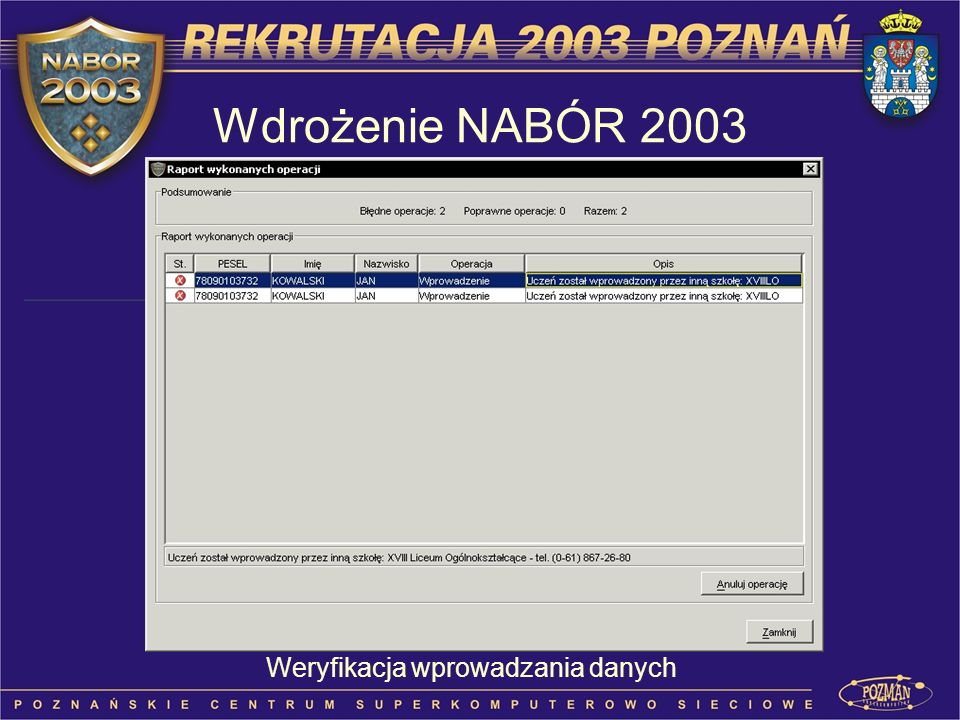 Wdrożenie NABÓR 2003 Weryfikacja wprowadzania danych