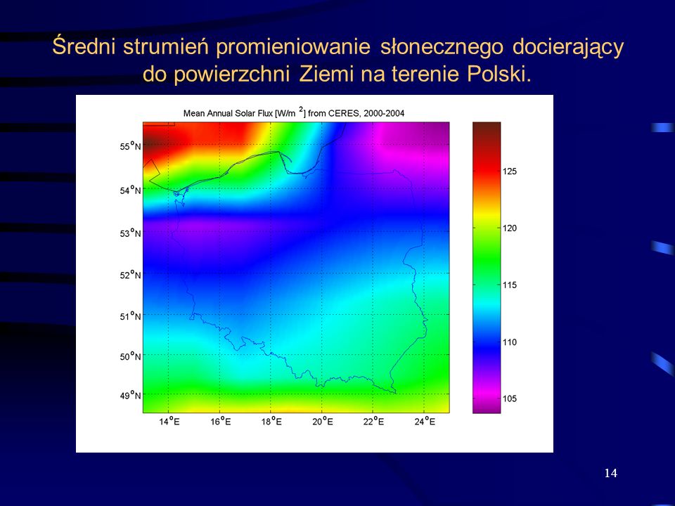Średni strumień promieniowanie słonecznego docierający do powierzchni Ziemi na terenie Polski.