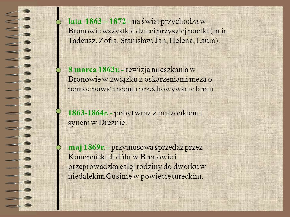 lata 1863 – na świat przychodzą w Bronowie wszystkie dzieci przyszłej poetki (m.in. Tadeusz, Zofia, Stanisław, Jan, Helena, Laura).
