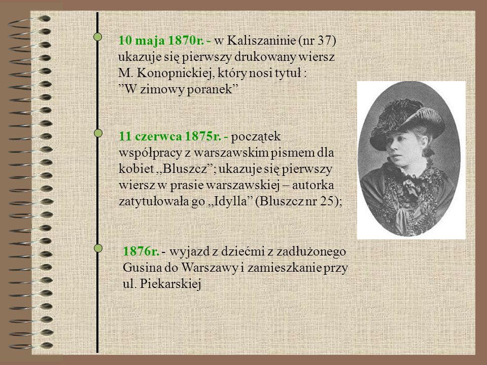 10 maja 1870r. - w Kaliszaninie (nr 37) ukazuje się pierwszy drukowany wiersz M. Konopnickiej, który nosi tytuł : W zimowy poranek