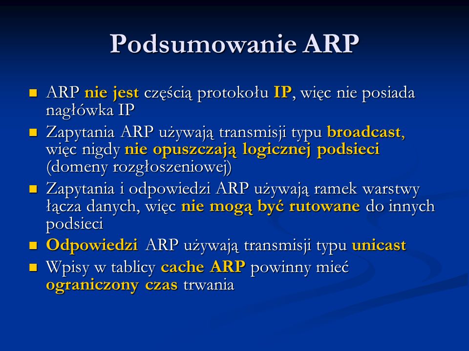 Podsumowanie ARP ARP nie jest częścią protokołu IP, więc nie posiada nagłówka IP.