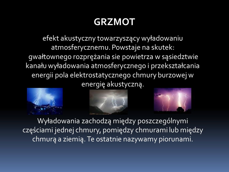 GRZMOT efekt akustyczny towarzyszący wyładowaniu atmosferycznemu. Powstaje na skutek: