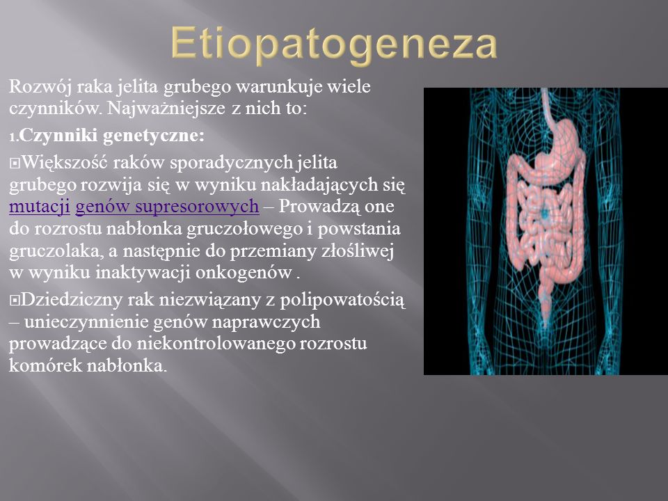 Etiopatogeneza Rozwój raka jelita grubego warunkuje wiele czynników. Najważniejsze z nich to: Czynniki genetyczne: