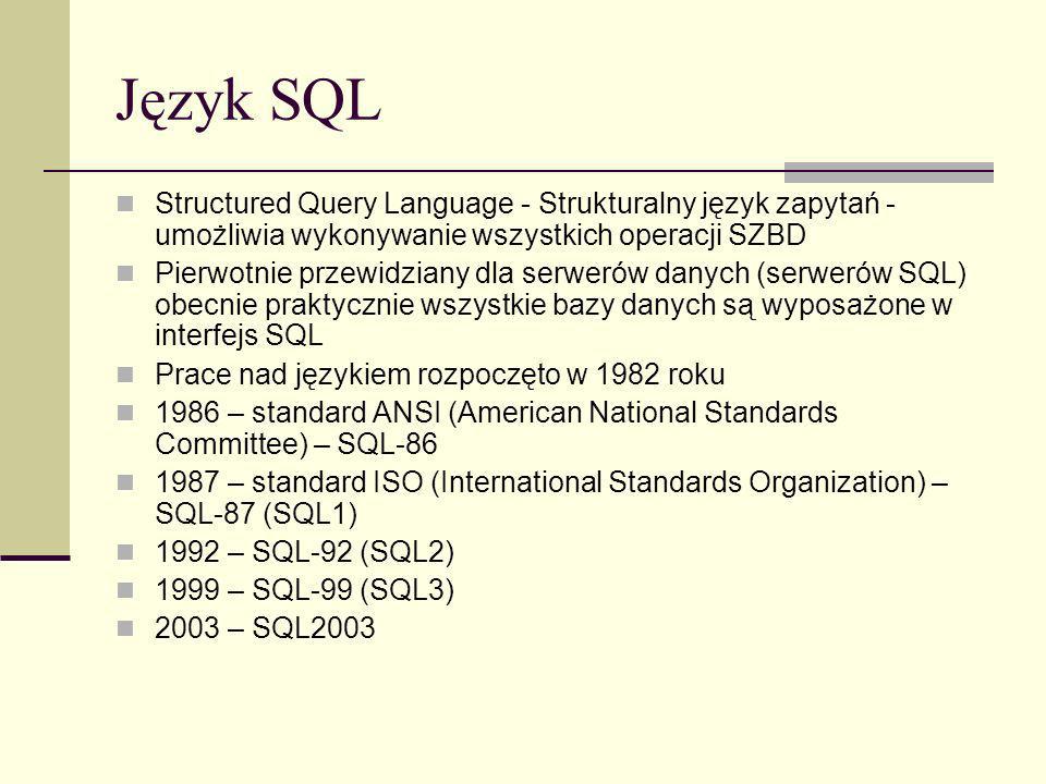 Język SQL Structured Query Language - Strukturalny język zapytań - umożliwia wykonywanie wszystkich operacji SZBD.