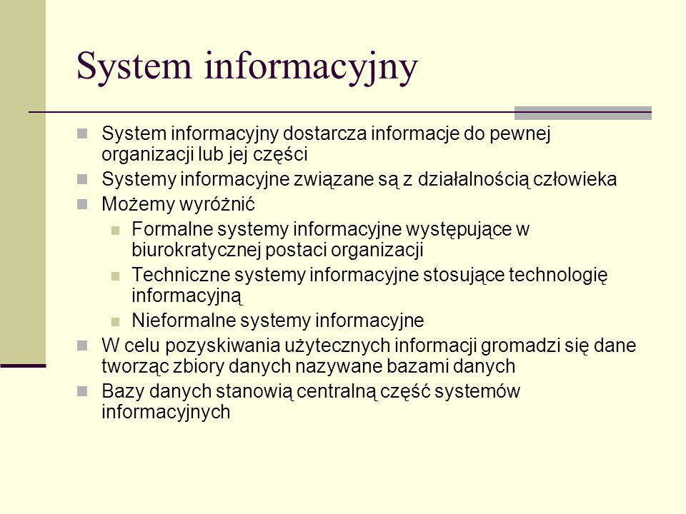 System informacyjny System informacyjny dostarcza informacje do pewnej organizacji lub jej części.