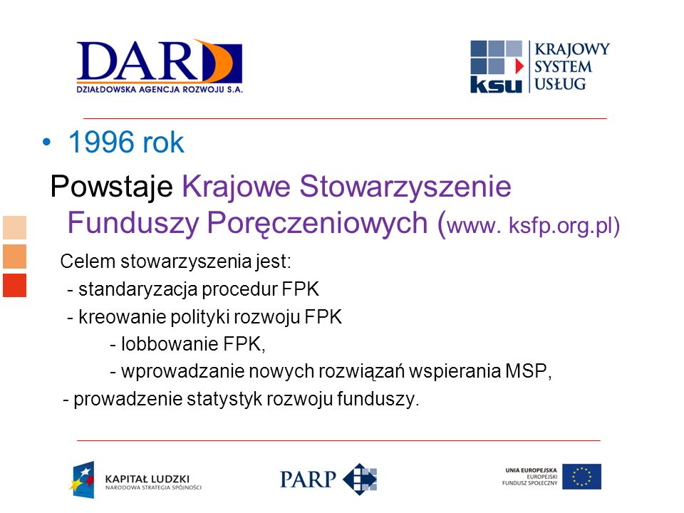 1996 rok Powstaje Krajowe Stowarzyszenie Funduszy Poręczeniowych (www. ksfp.org.pl) Celem stowarzyszenia jest: