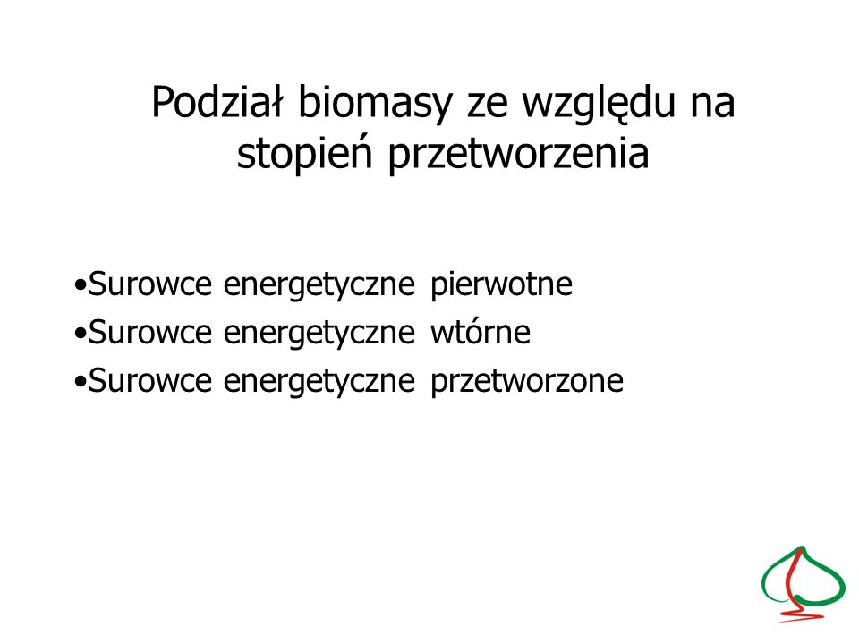 Podział biomasy ze względu na stopień przetworzenia