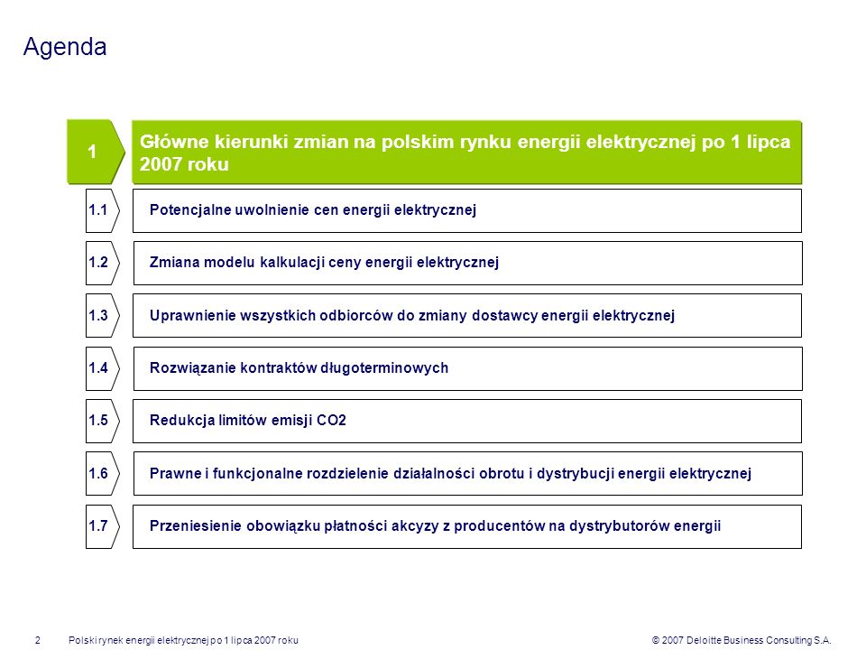 Agenda 1. Główne kierunki zmian na polskim rynku energii elektrycznej po 1 lipca 2007 roku Potencjalne uwolnienie cen energii elektrycznej.