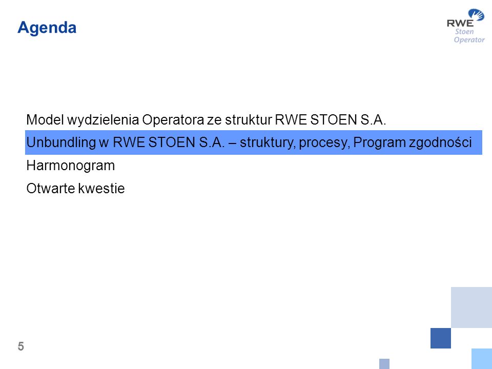 Agenda Model wydzielenia Operatora ze struktur RWE STOEN S.A.
