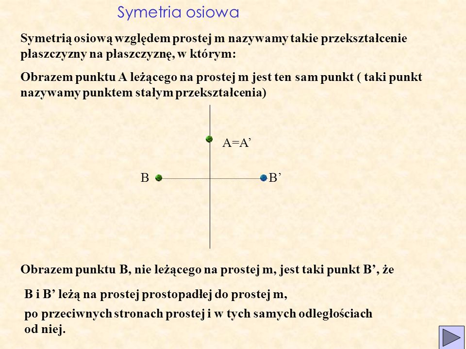 Symetria osiowa Symetrią osiową względem prostej m nazywamy takie przekształcenie płaszczyzny na płaszczyznę, w którym: