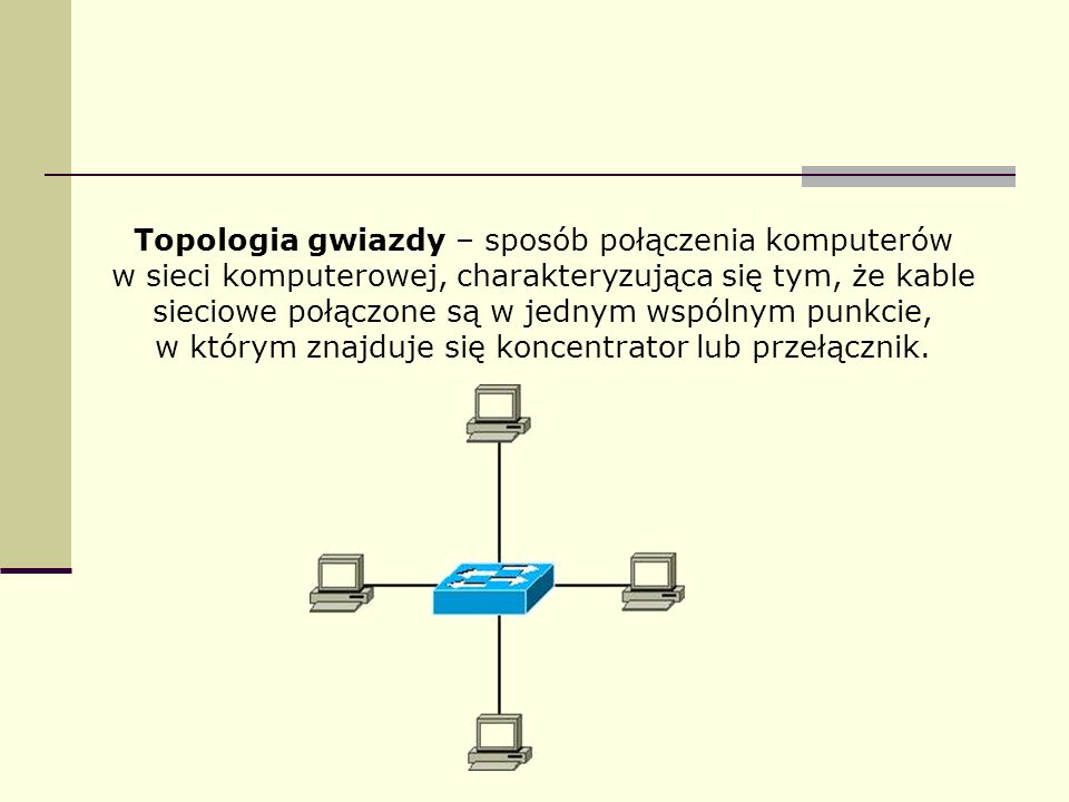 Topologia gwiazdy – sposób połączenia komputerów w sieci komputerowej, charakteryzująca się tym, że kable sieciowe połączone są w jednym wspólnym punkcie, w którym znajduje się koncentrator lub przełącznik.