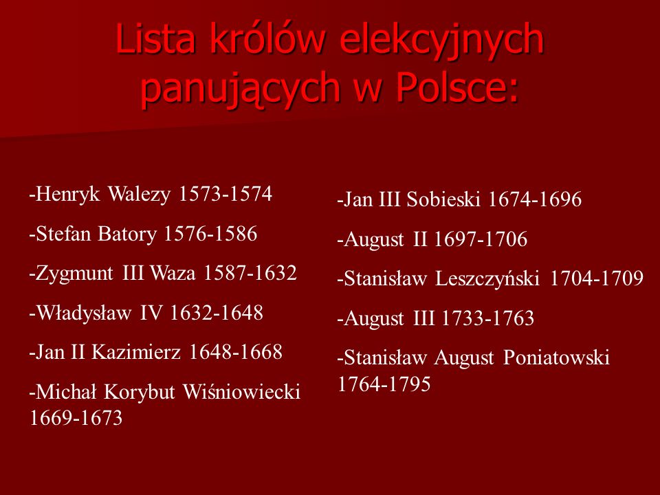 Lista królów elekcyjnych panujących w Polsce: