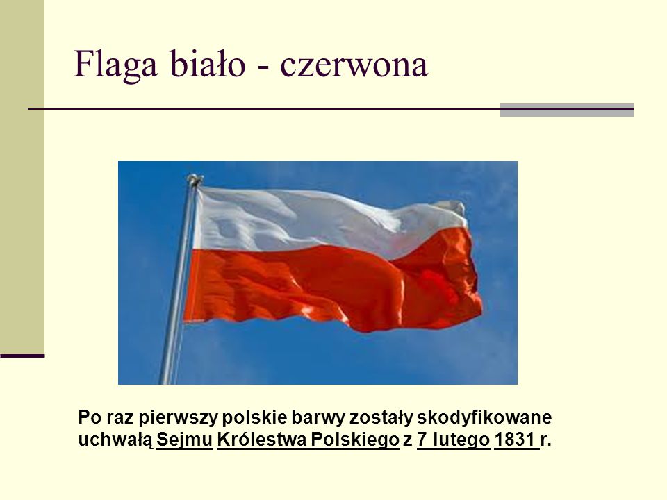 Flaga biało - czerwona Po raz pierwszy polskie barwy zostały skodyfikowane uchwałą Sejmu Królestwa Polskiego z 7 lutego 1831 r.