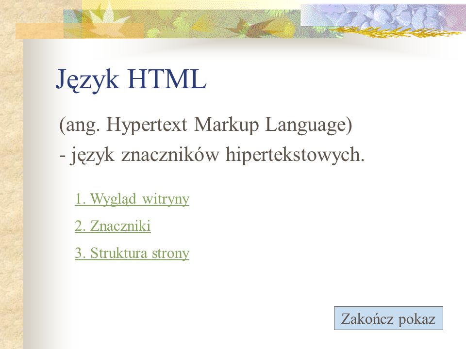 (ang. Hypertext Markup Language) - język znaczników hipertekstowych.
