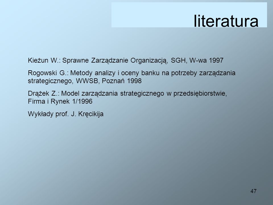 literatura Kieżun W.: Sprawne Zarządzanie Organizacją, SGH, W-wa 1997