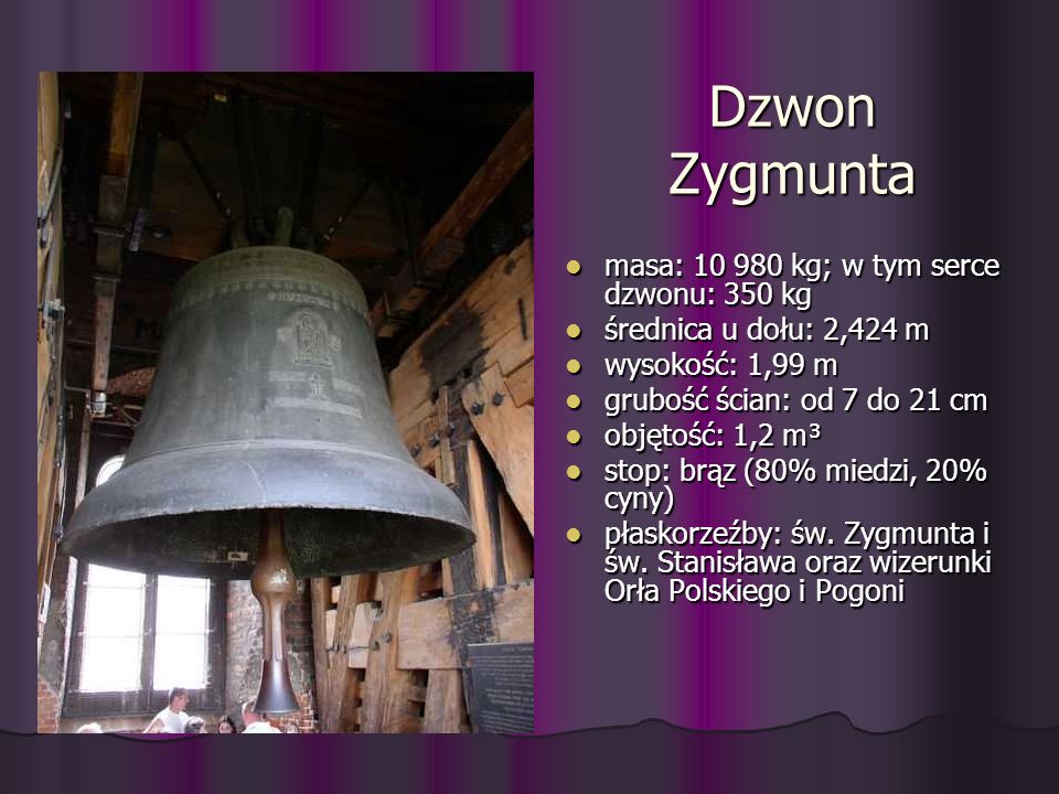 Dzwon Zygmunta masa: kg; w tym serce dzwonu: 350 kg