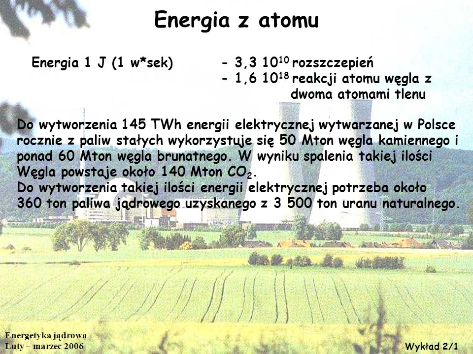 Energia z atomu Energia 1 J (1 w*sek) - 3, rozszczepień
