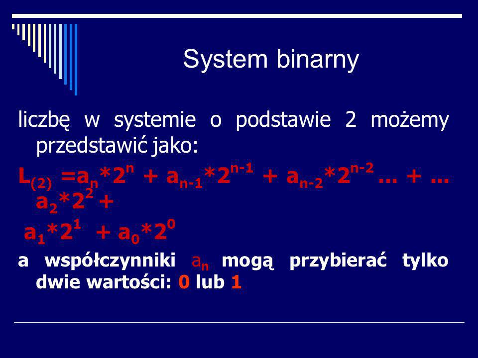 System binarny liczbę w systemie o podstawie 2 możemy przedstawić jako: L(2) =an*2n + an-1*2n-1 + an-2*2n a2*22 +
