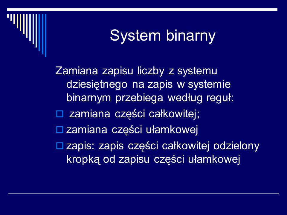 System binarny Zamiana zapisu liczby z systemu dziesiętnego na zapis w systemie binarnym przebiega według reguł: