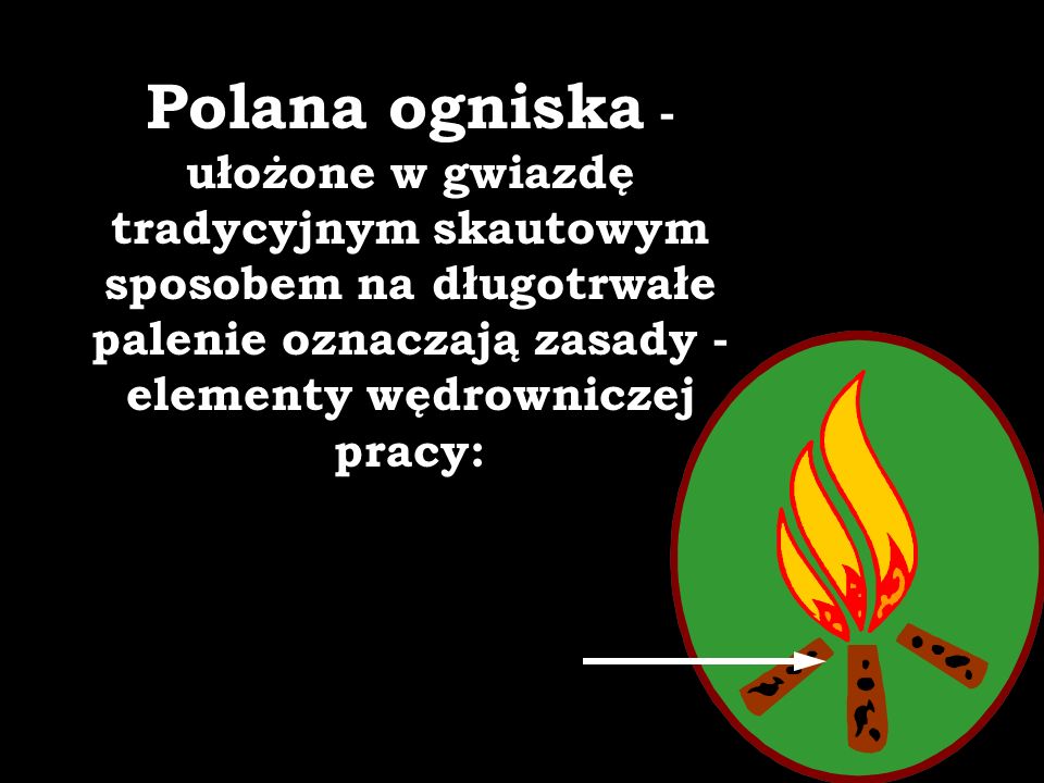 Polana ogniska - ułożone w gwiazdę tradycyjnym skautowym sposobem na długotrwałe palenie oznaczają zasady - elementy wędrowniczej pracy: