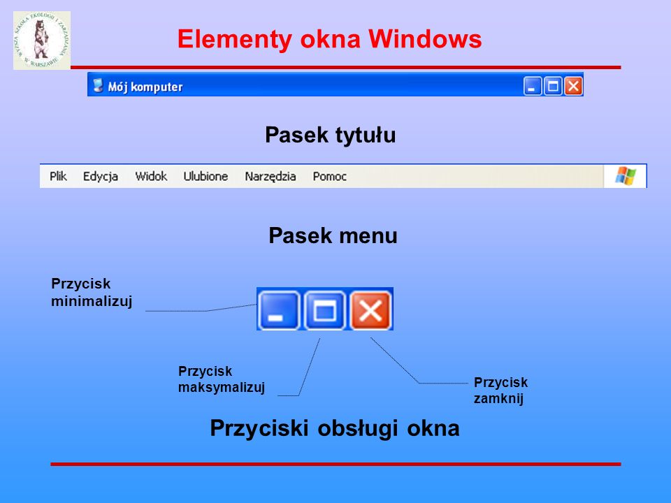 Elementy okna Windows Przyciski obsługi okna Pasek tytułu Pasek menu