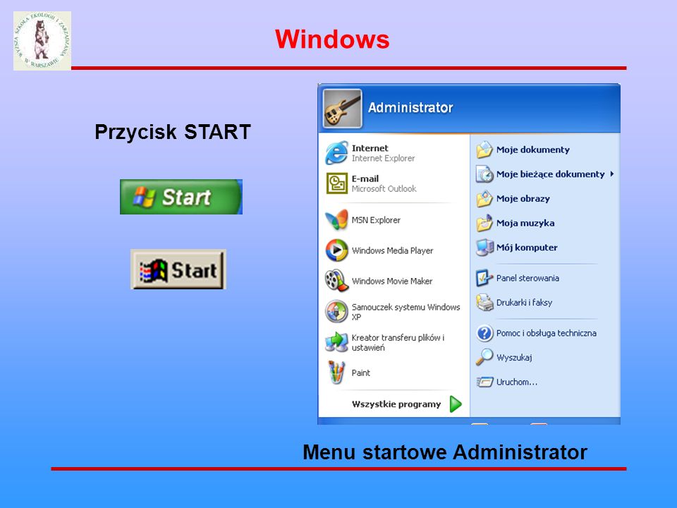 Windows Przycisk START Menu startowe Administrator