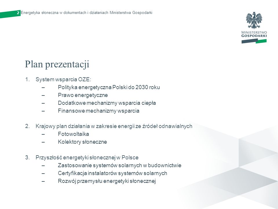Plan prezentacji System wsparcia OZE: