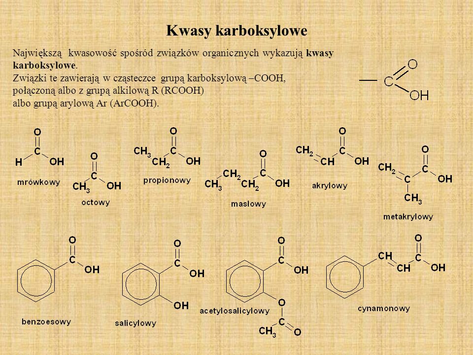 Kwasy karboksylowe Największą kwasowość spośród związków organicznych wykazują kwasy karboksylowe.