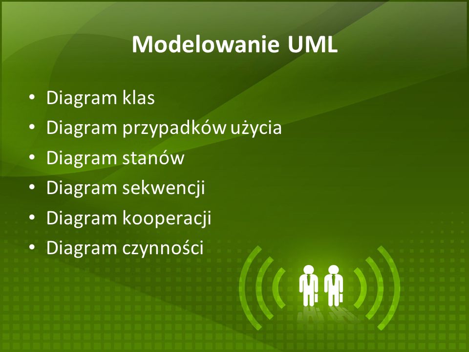 Modelowanie UML Diagram klas Diagram przypadków użycia Diagram stanów