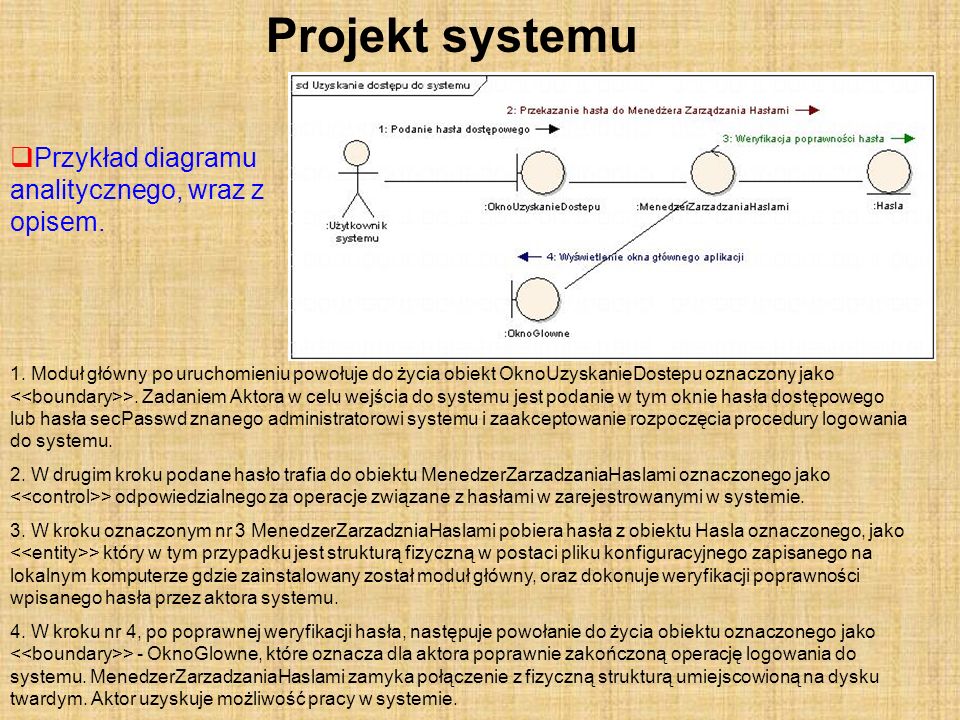 Projekt systemu Przykład diagramu analitycznego, wraz z opisem.