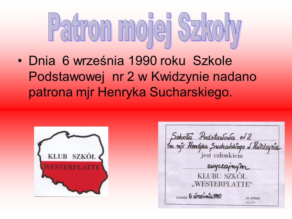 Patron mojej Szkoły Dnia 6 września 1990 roku Szkole Podstawowej nr 2 w Kwidzynie nadano patrona mjr Henryka Sucharskiego.