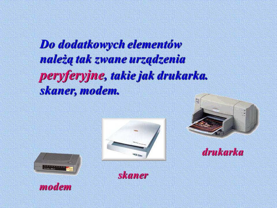 Do dodatkowych elementów należą tak zwane urządzenia peryferyjne, takie jak drukarka. skaner, modem.