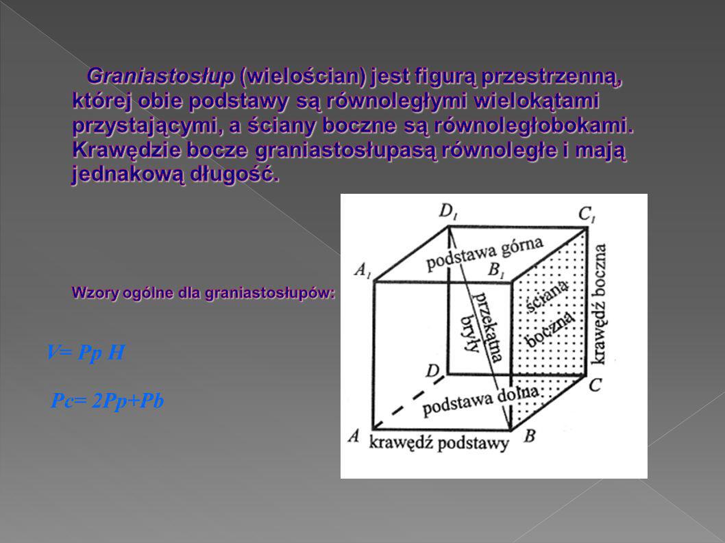 Graniastosłup (wielościan) jest figurą przestrzenną, której obie podstawy są równoległymi wielokątami przystającymi, a ściany boczne są równoległobokami. Krawędzie bocze graniastosłupasą równoległe i mają jednakową długość. Wzory ogólne dla graniastosłupów: