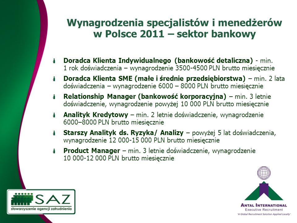 Wynagrodzenia specjalistów i menedżerów w Polsce 2011 – sektor bankowy
