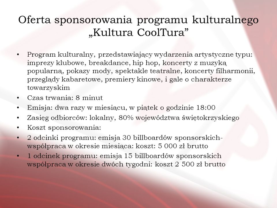 Oferta sponsorowania programu kulturalnego „Kultura CoolTura