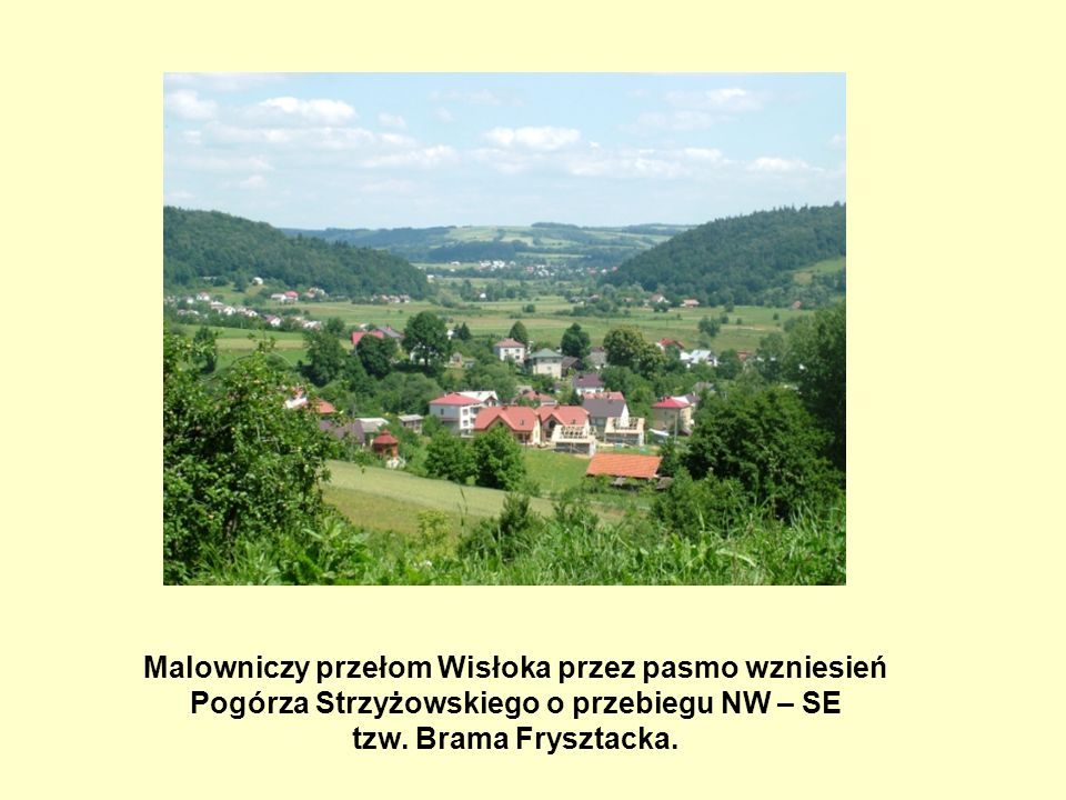 Malowniczy przełom Wisłoka przez pasmo wzniesień Pogórza Strzyżowskiego o przebiegu NW – SE tzw.