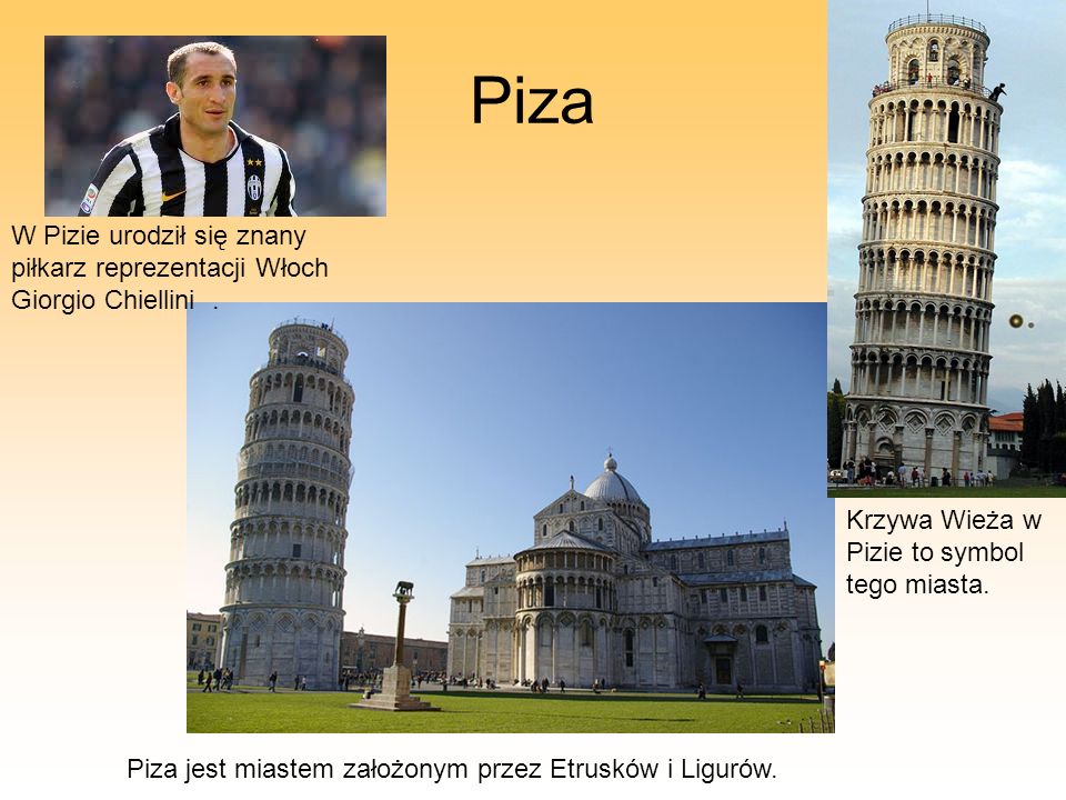 Piza W Pizie urodził się znany piłkarz reprezentacji Włoch Giorgio Chiellini . Krzywa Wieża w Pizie to symbol tego miasta.
