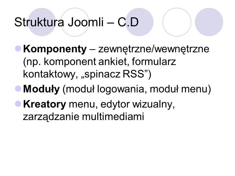 Struktura Joomli – C.D Komponenty – zewnętrzne/wewnętrzne (np. komponent ankiet, formularz kontaktowy, „spinacz RSS )