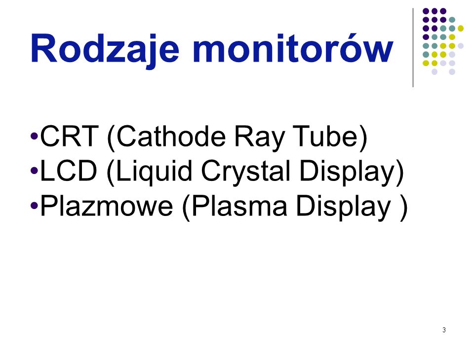 Rodzaje monitorów CRT (Cathode Ray Tube) LCD (Liquid Crystal Display)